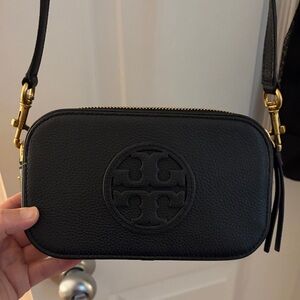 Tory Burch Black Pebbled Leather Logo Crossbody Camera Bag